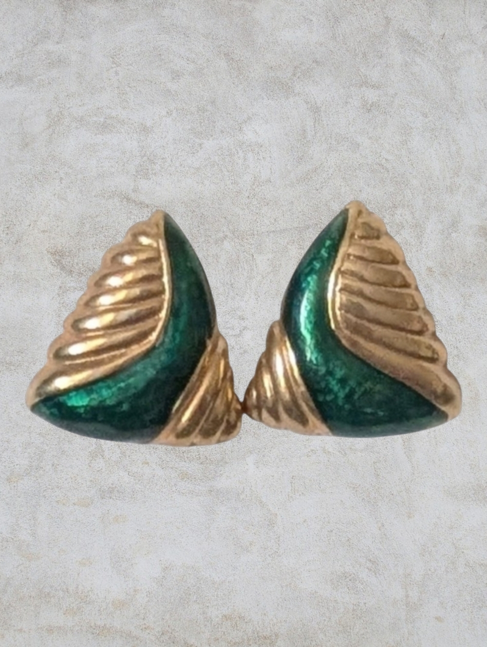 Gold Tone Shell Earrings Art Deco Pierced Green Enamel Vintage 90s